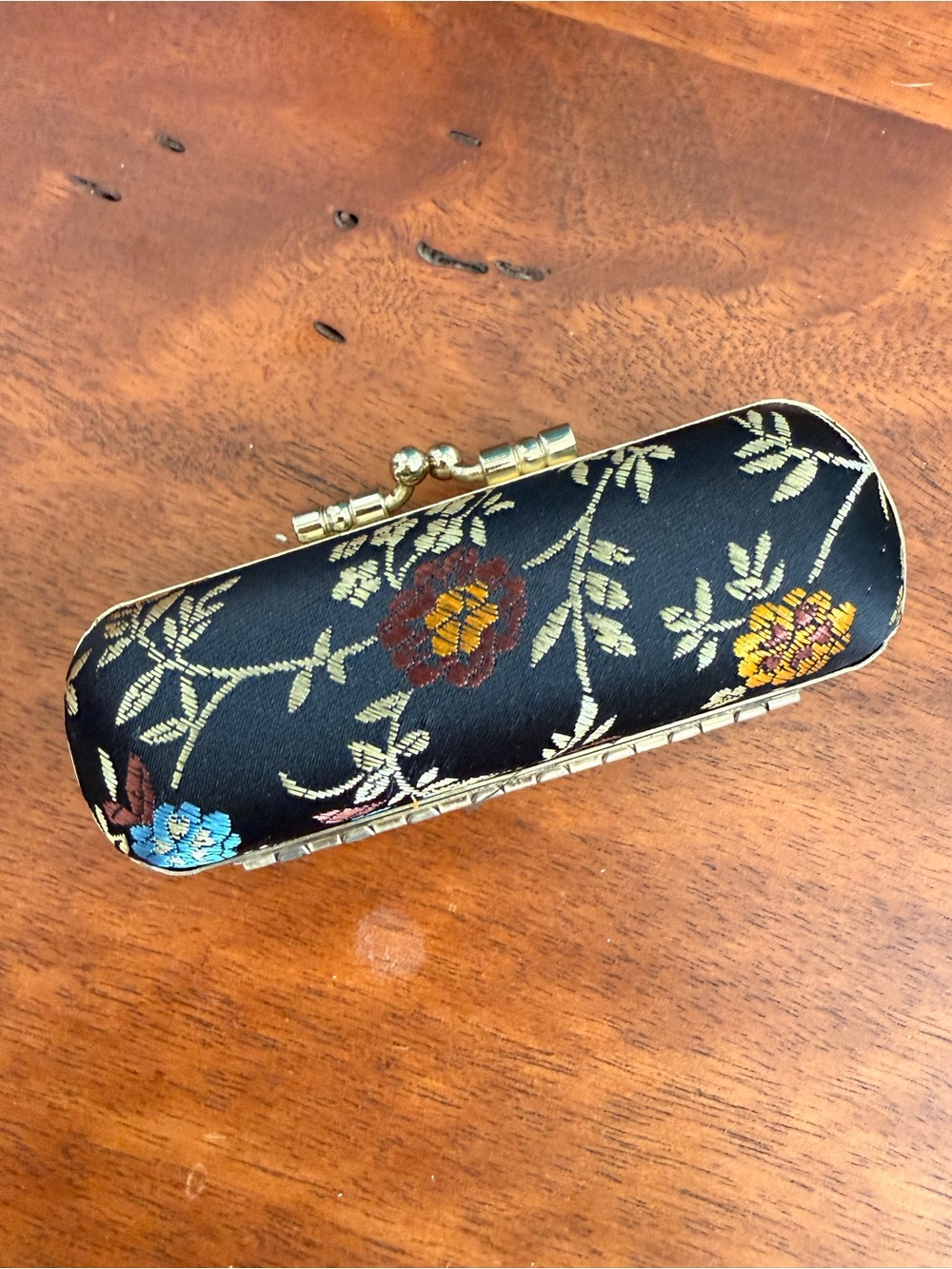 VTG Chinese Silk Brocade Lipstick Case Holder Embroidered Floral, mirror, NOS